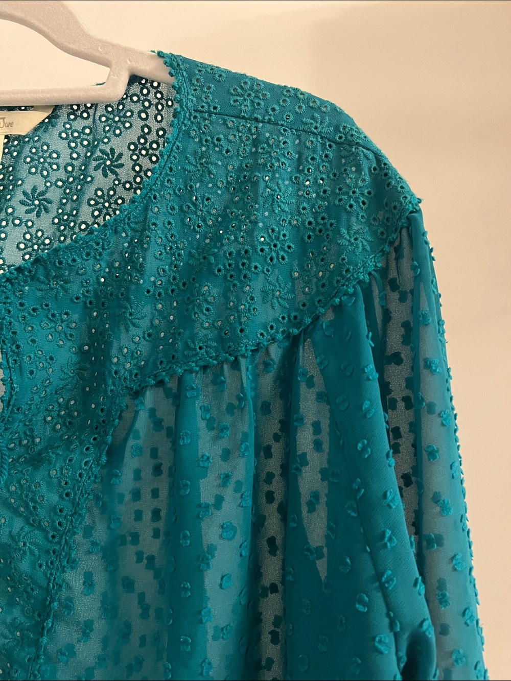 Matilda Jane Teal Swiss Dot Tie-Neck Peasant Blouse - Picture 3 of 13